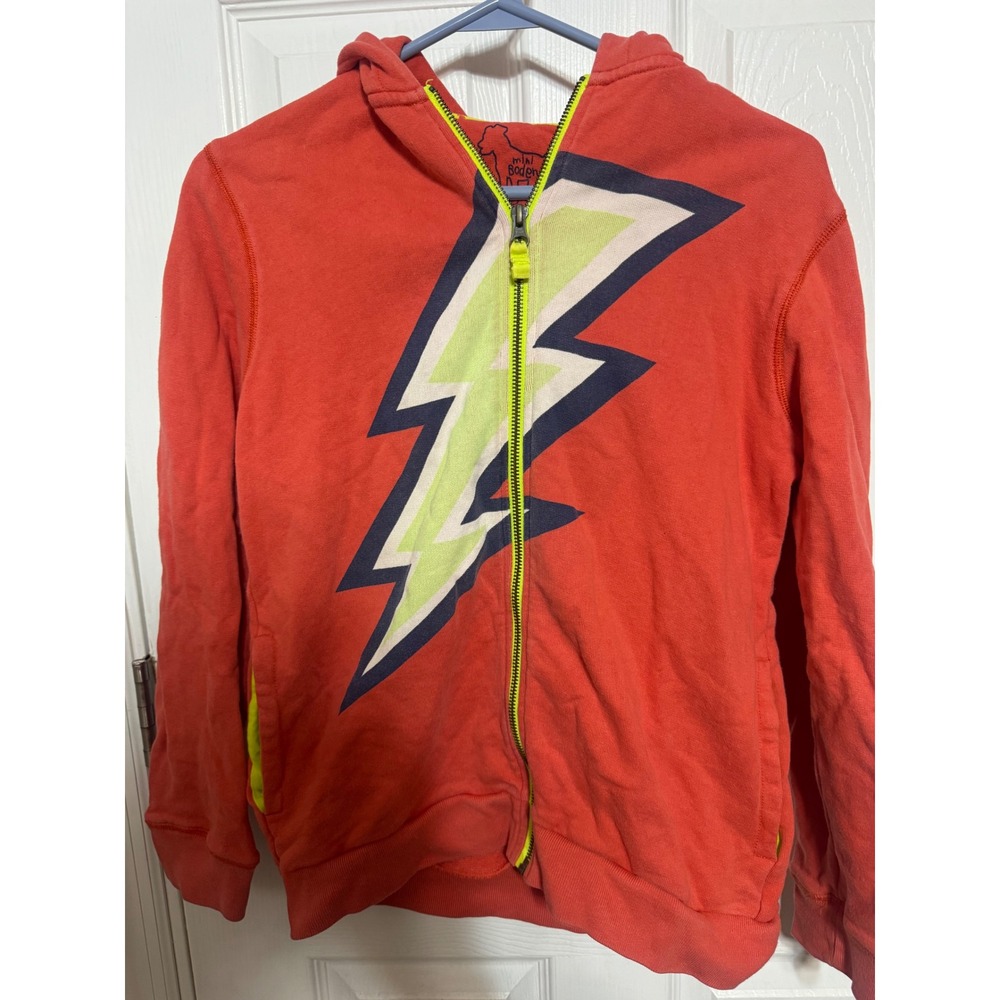 Mini Boden Boys Lightning Bolt Full Zip Hoodie Coral Red Neon Yellow Size 11-12Y